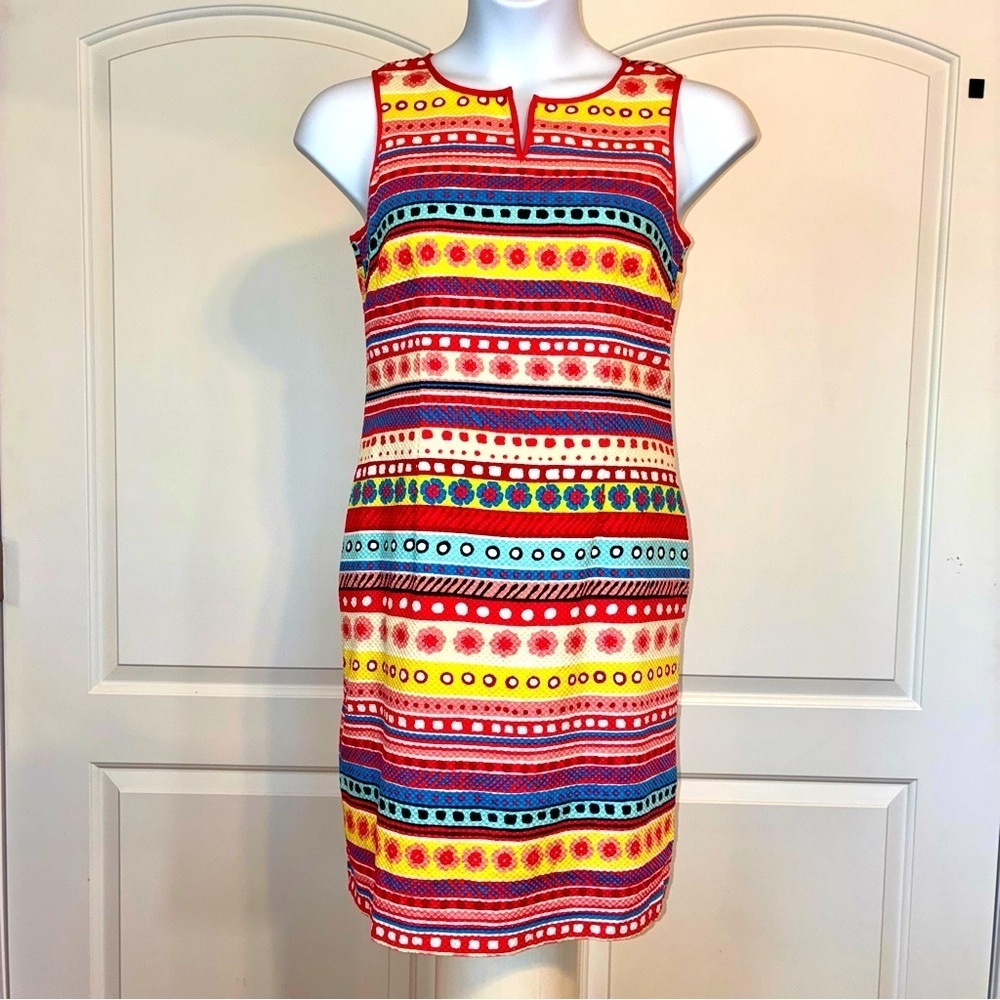 Talbots Flowers & Stripes Shift Dress Sz 8 Textured Cotton Spring Summer Retro